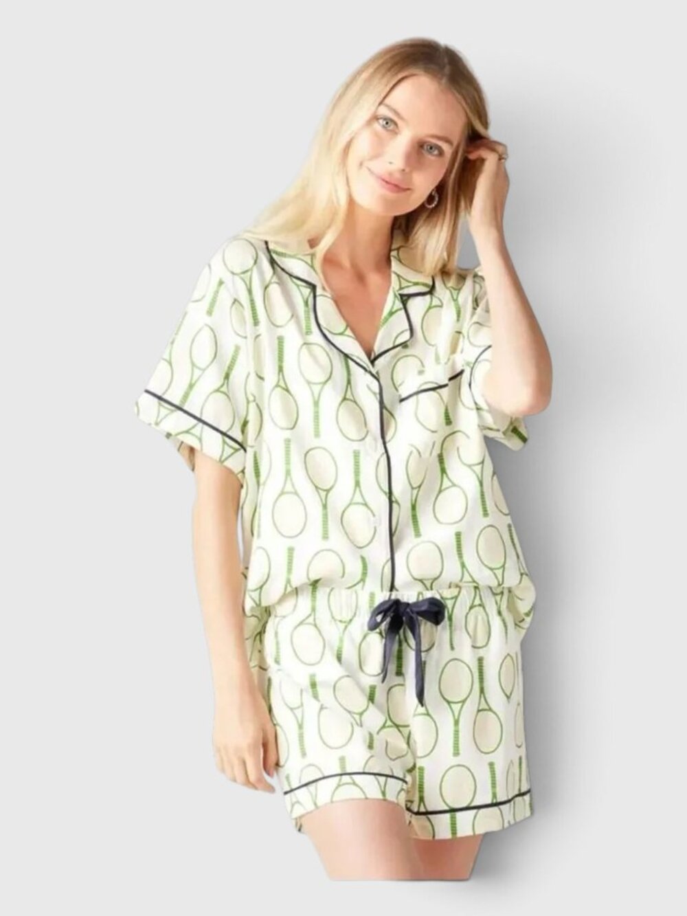 Katie Kime Tennis Time Pajama Short Set White Green Size Medium